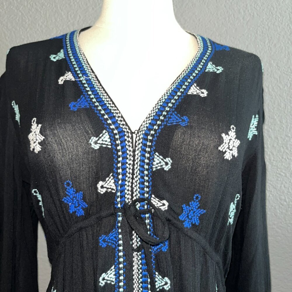 FP FREE PEOPLE STAR GAZER BLACK & BLUE LONG SLEEVE EMBROIDERED DRESS - EUC -  XS - Picture 2 of 14